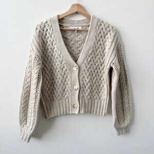 John + Jenn Chunky Cable Knit Cardigan Cropped Neutral Beige XS
